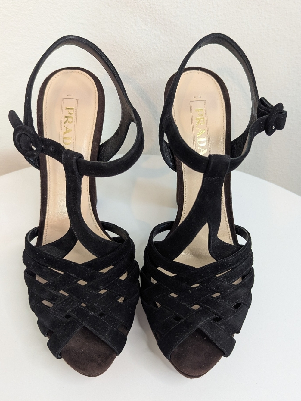 Prada Black Suede Woven Platform Sandals Sz 38.5 w/Tags - Picture 3 of 11